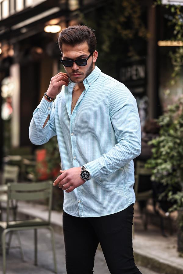 Dik Şerit Çizgili Flam Keten Gömlek - Justyol