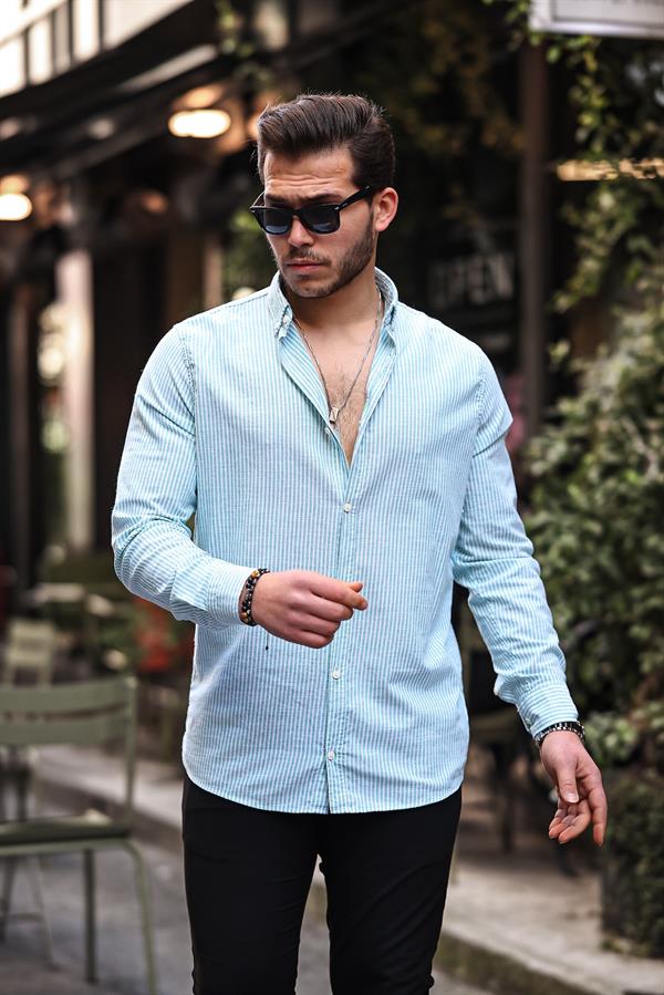 Dik Şerit Çizgili Flam Keten Gömlek - Justyol