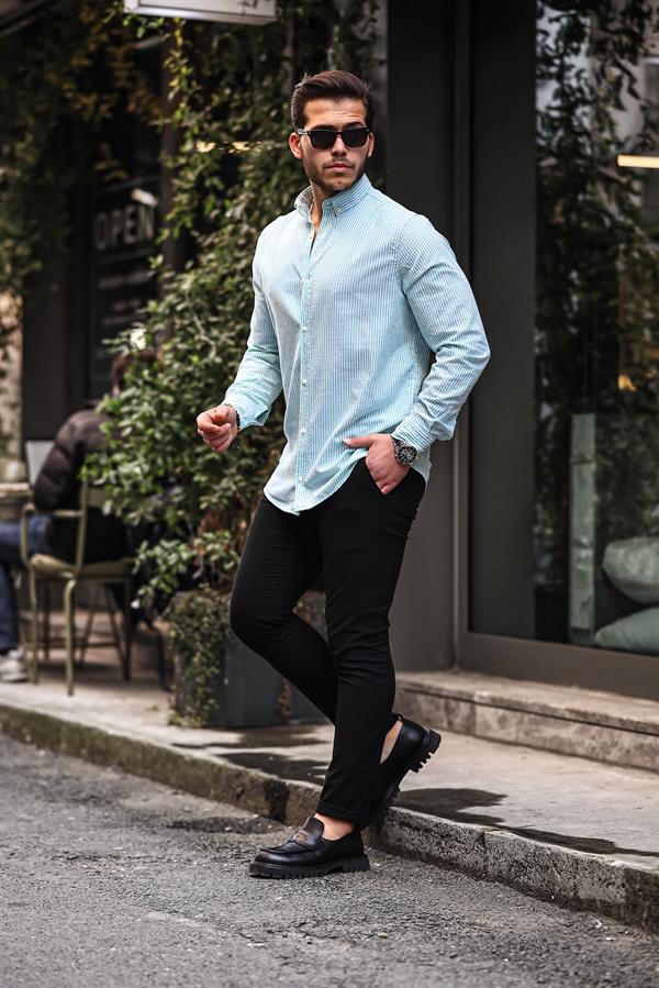 Dik Şerit Çizgili Flam Keten Gömlek - Justyol