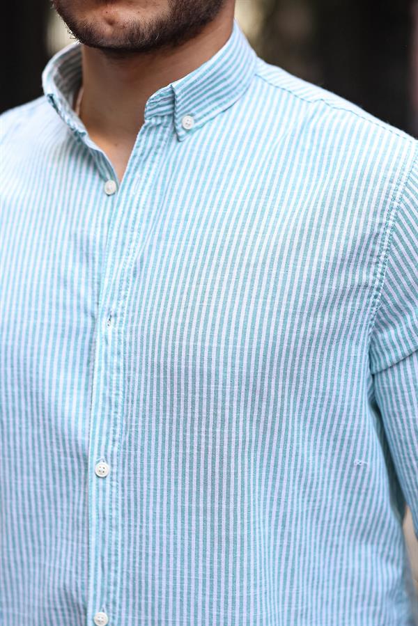 Dik Şerit Çizgili Flam Keten Gömlek - Justyol