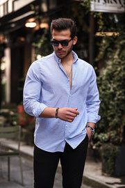 Dik Şerit Çizgili Flam Keten Gömlek - Justyol