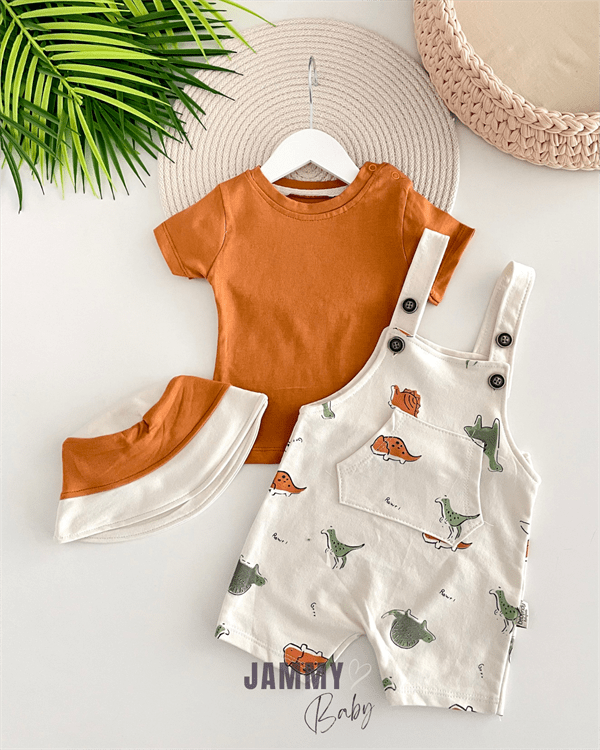 dino bucket hat and overalls / body set - tile brown - Justyol