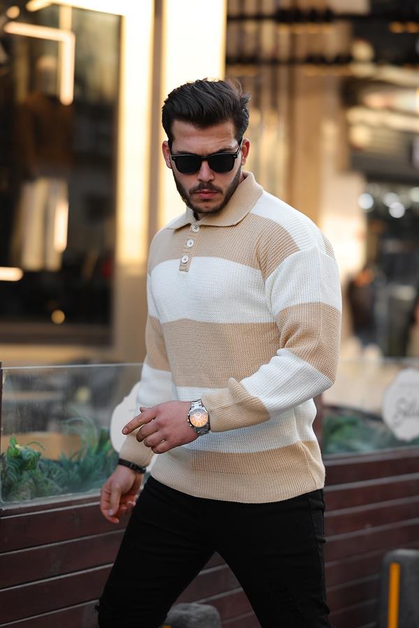 düğmeli polo yaka yarim oversize çizgili triko kazak - Justyol