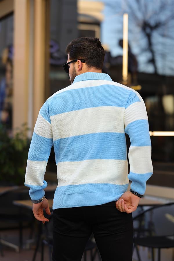 düğmeli polo yaka yarim oversize çizgili triko kazak - Justyol