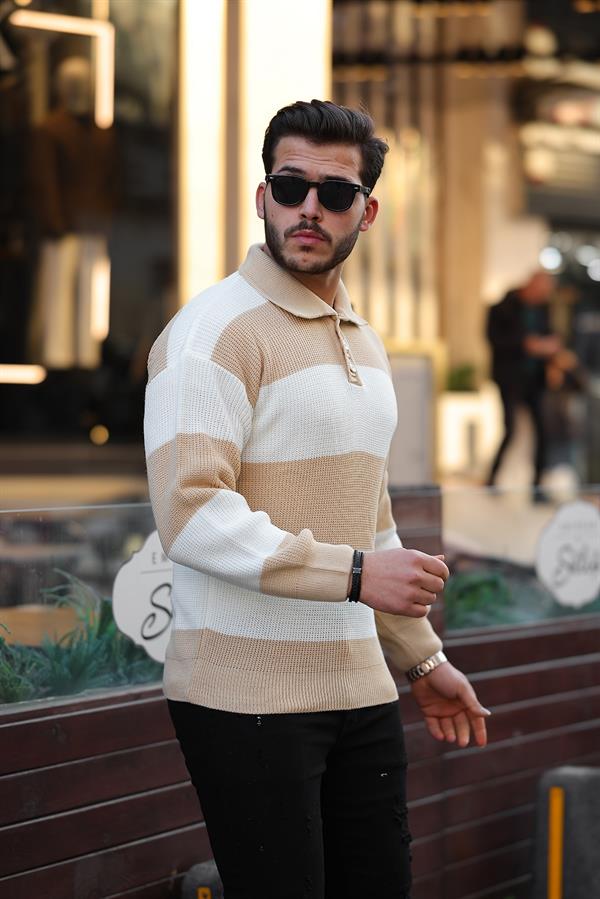 düğmeli polo yaka yarim oversize çizgili triko kazak - Justyol