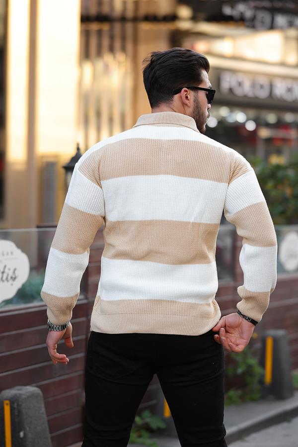 düğmeli polo yaka yarim oversize çizgili triko kazak - Justyol