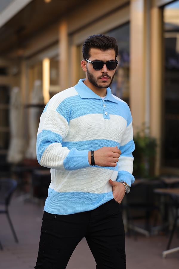 düğmeli polo yaka yarim oversize çizgili triko kazak - Justyol
