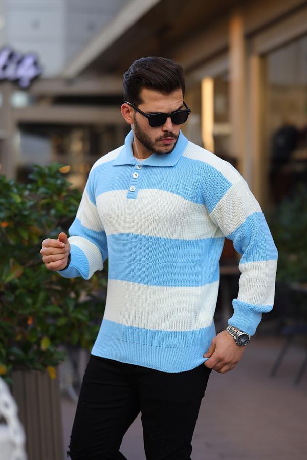 düğmeli polo yaka yarim oversize çizgili triko kazak - Justyol