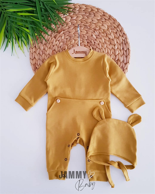 buttoned style hat overalls set-mustard