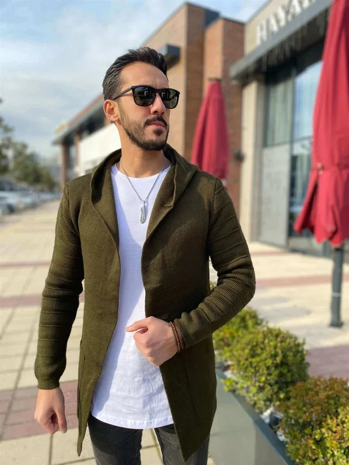<tc>كارديجان رجالي تريكو سادة مزود بغطاء للراس وجيوب</tc>
