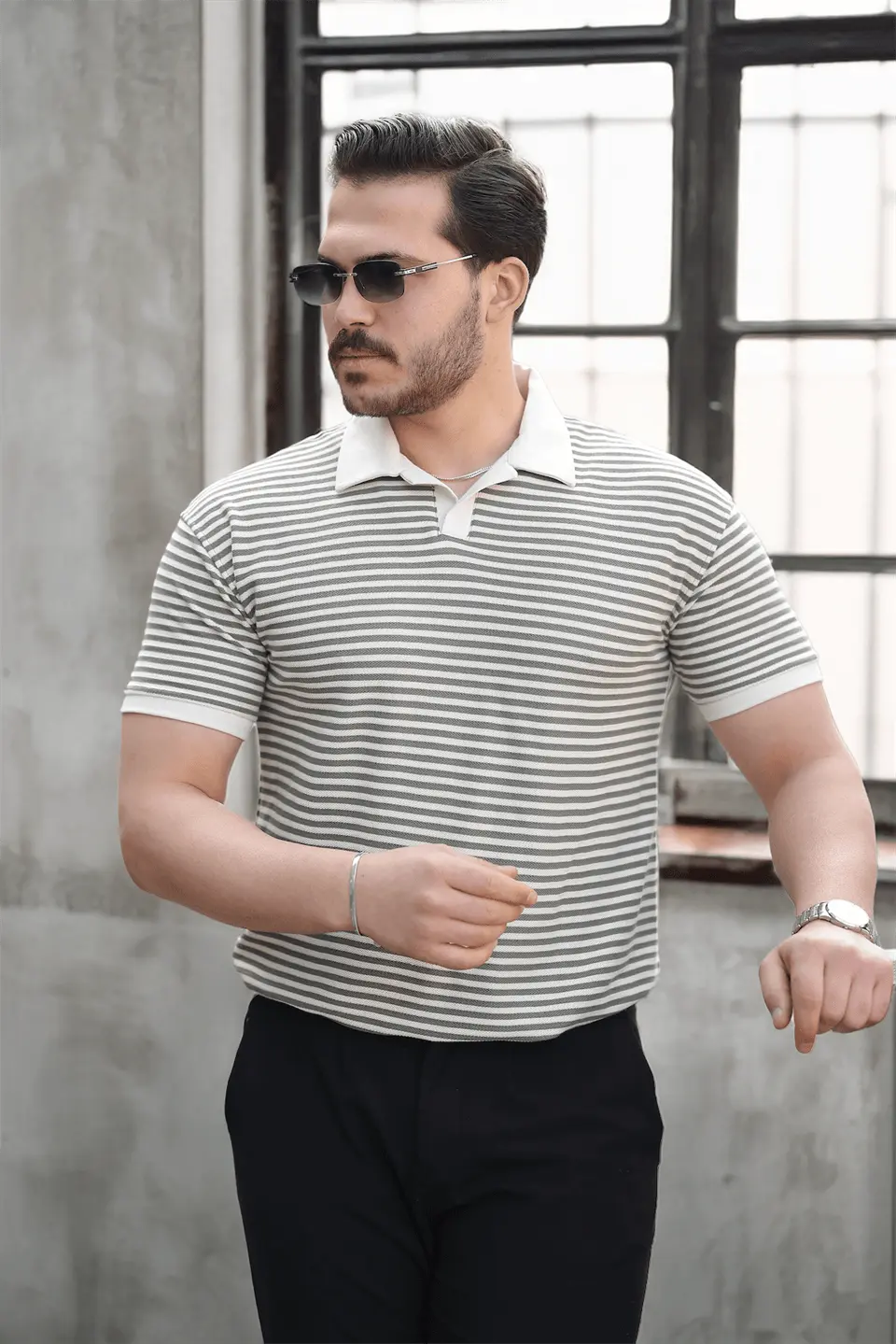 çizgili örme desenli polo yaka erkek t-shirt - Justyol