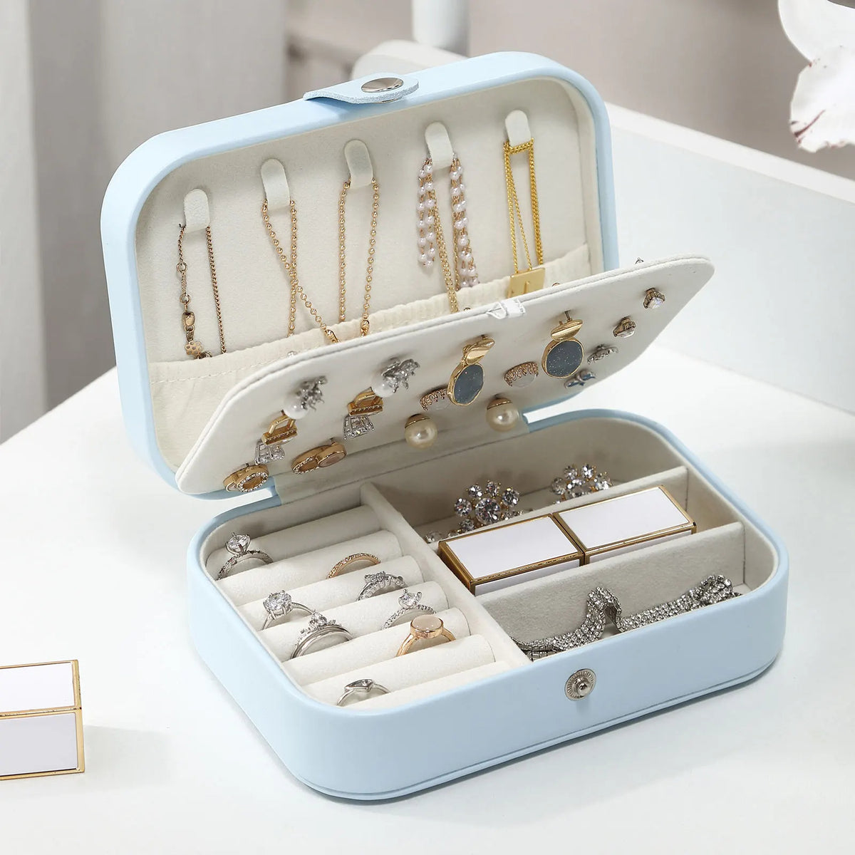 Boîte à Bijoux Portable à Double Niveau avec Compartiments