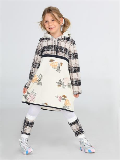 <tc>Ensemble fille composé d'une robe à capuche avec imprimé à carreaux et de leggings.</tc>