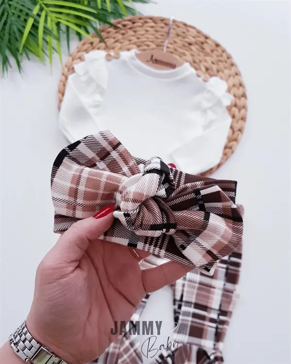 Ensemble bébé 3 pièces avec leggings évasé à motif carreaux et bandeau assorti