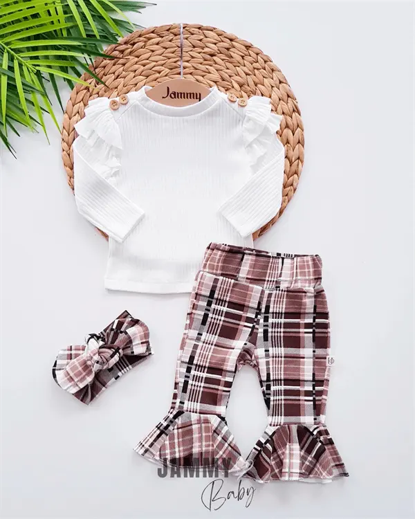 Ensemble bébé 3 pièces avec leggings évasé à motif carreaux et bandeau assorti
