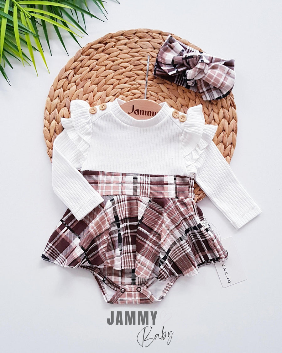 plaid pattern shoulder ruffle bandana bodysuit dress set