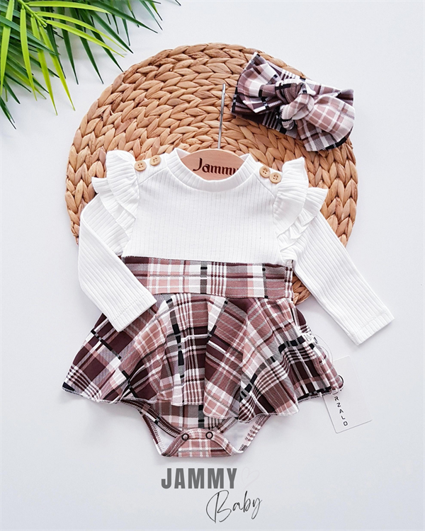 plaid pattern shoulder ruffle bandana bodysuit dress set-ekru