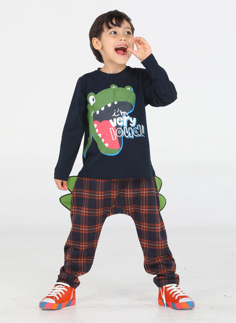 ekose muzip dino pantolon + t-shirt takim