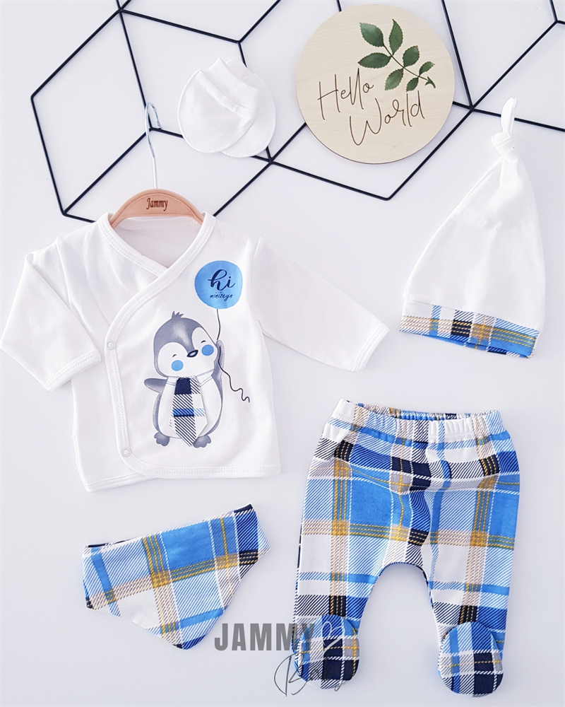 plaid penguin 5 piece newborn set