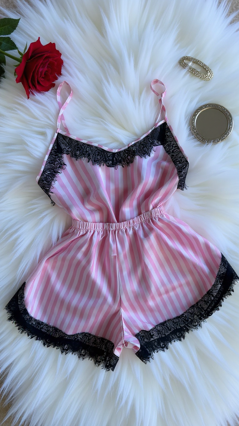 Nightsuit 155 -Striped Satin Nightwear Set with Elegant Lace Detail Erotica
