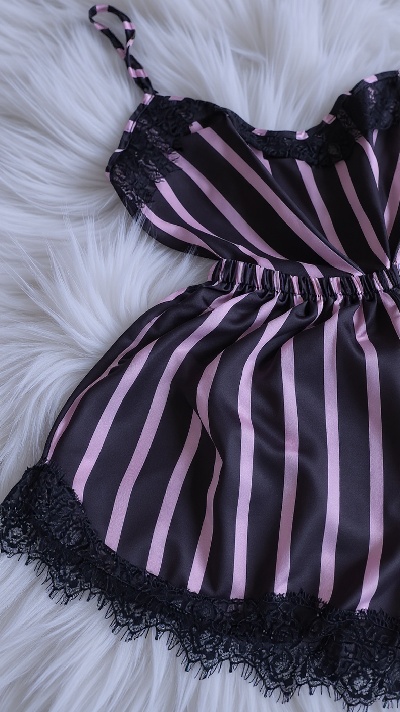 Nightsuit 155 -Striped Satin Nightwear Set with Elegant Lace Detail Erotica