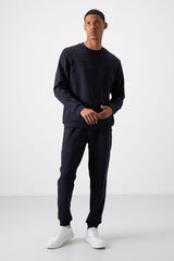 <tc>ensemble de survêtement pour homme en coton épais et doux texturé, coupe confort avec impression bleu marine - 85253</tc>