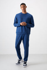 <tc>ensemble de survêtement pour homme en coton épais et doux texturé, coupe confort avec impression bleu marine - 85253</tc>