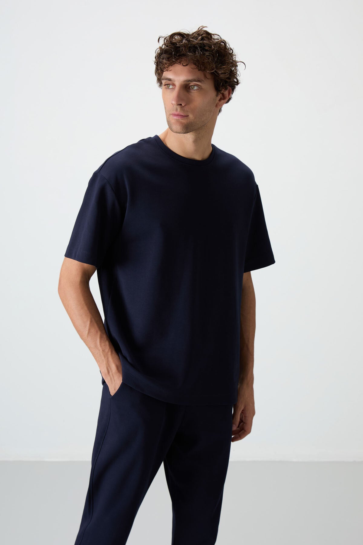 <tc>ensemble de survêtement basique pour homme en coton épais et doux texturé, coupe oversize bleu marine - 85251</tc>