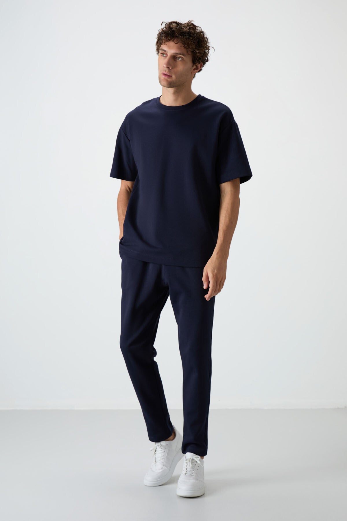 <tc>ensemble de survêtement basique pour homme en coton épais et doux texturé, coupe oversize bleu marine - 85251</tc>