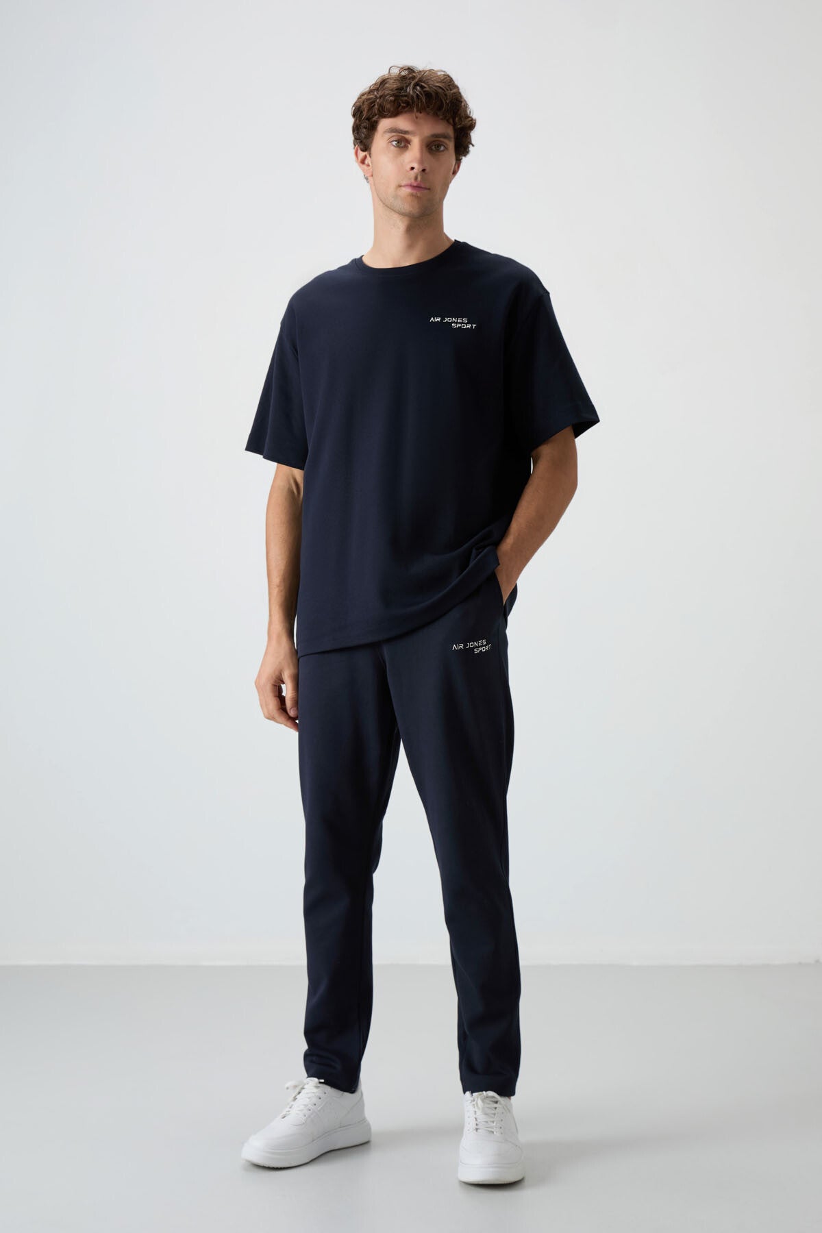 <tc>ensemble de survêtement pour homme en coton épais et doux texturé, coupe oversize avec broderie bleu marine - 85252</tc>