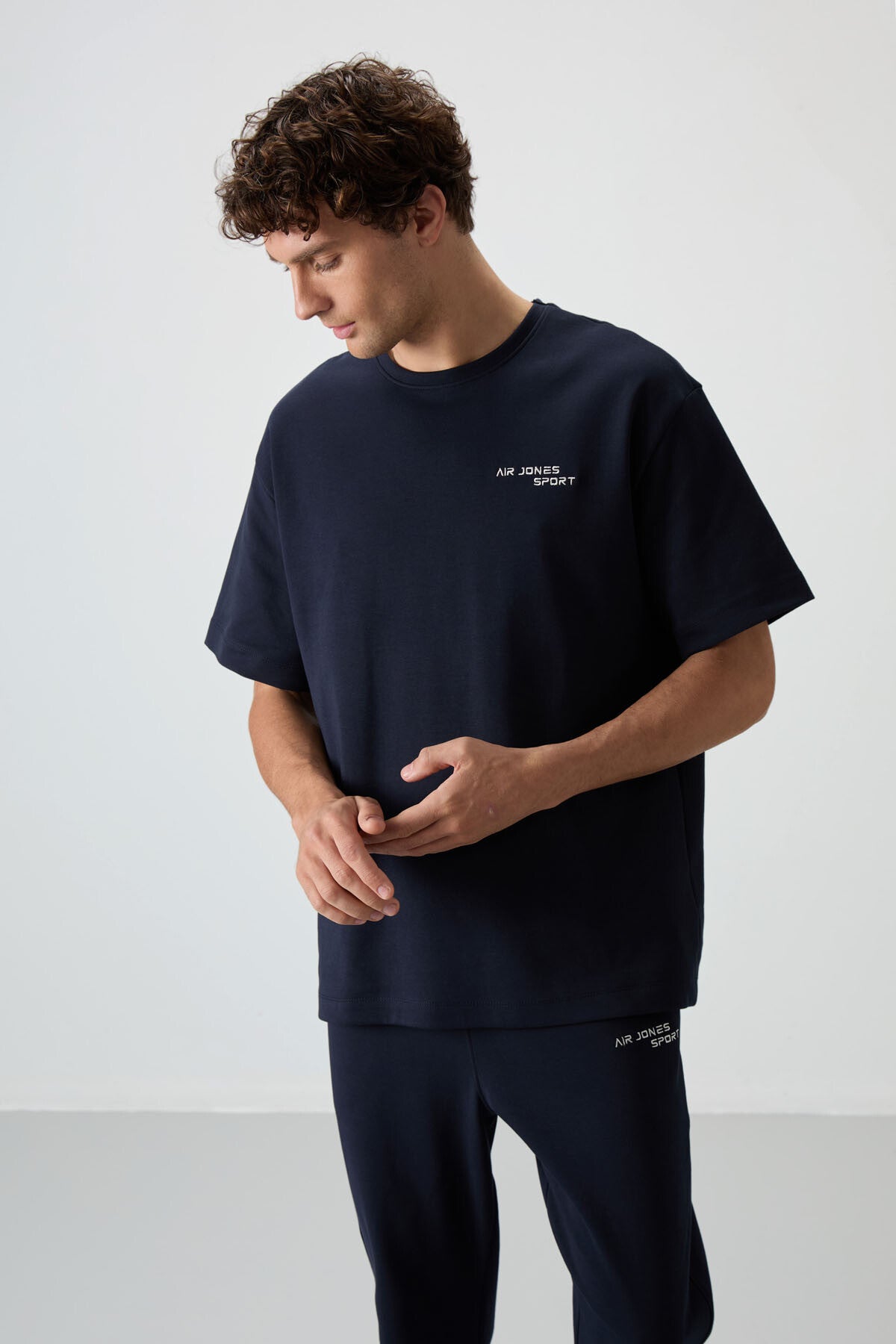 <tc>ensemble de survêtement pour homme en coton épais et doux texturé, coupe oversize avec broderie bleu marine - 85252</tc>