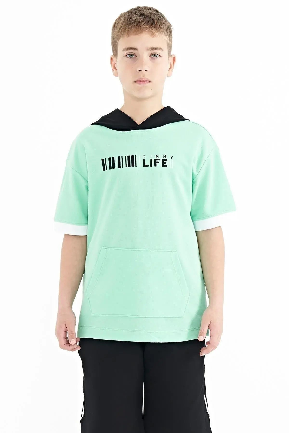 <tc>T-shirt garçon oversize à capuche avec poche kangourou et blocs de couleurs - 11148</tc>