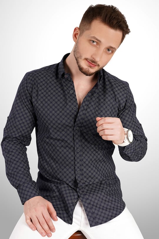 Chemise Homme à Motif Carreaux en Bleu Marine - Stretch avec Imprimé- 6379