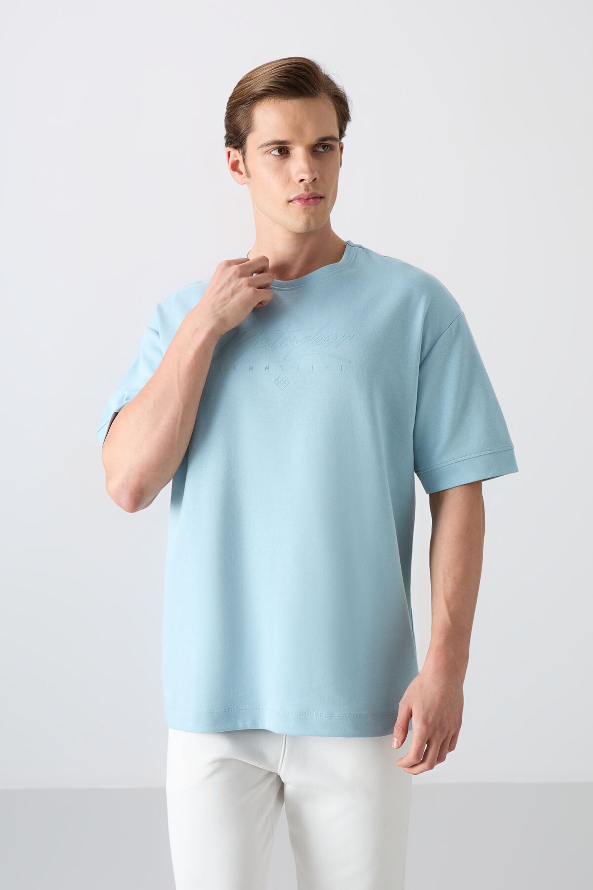 pamuklu kalin yumuşak dokulu oversize fit baskili erkek t-shirt - 88320