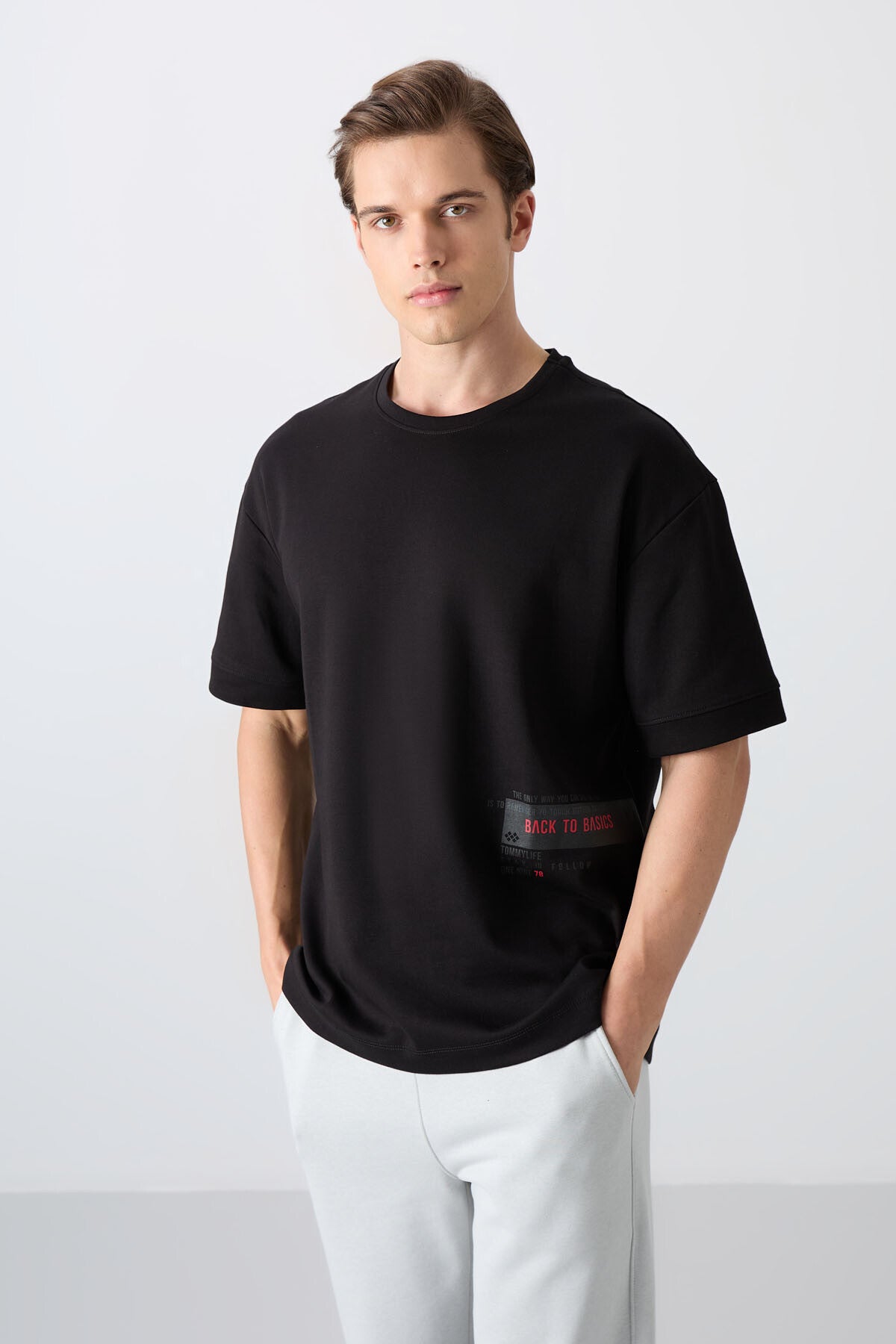 pamuklu kalin yumuşak dokulu oversize fit baskili erkek t-shirt - 88322