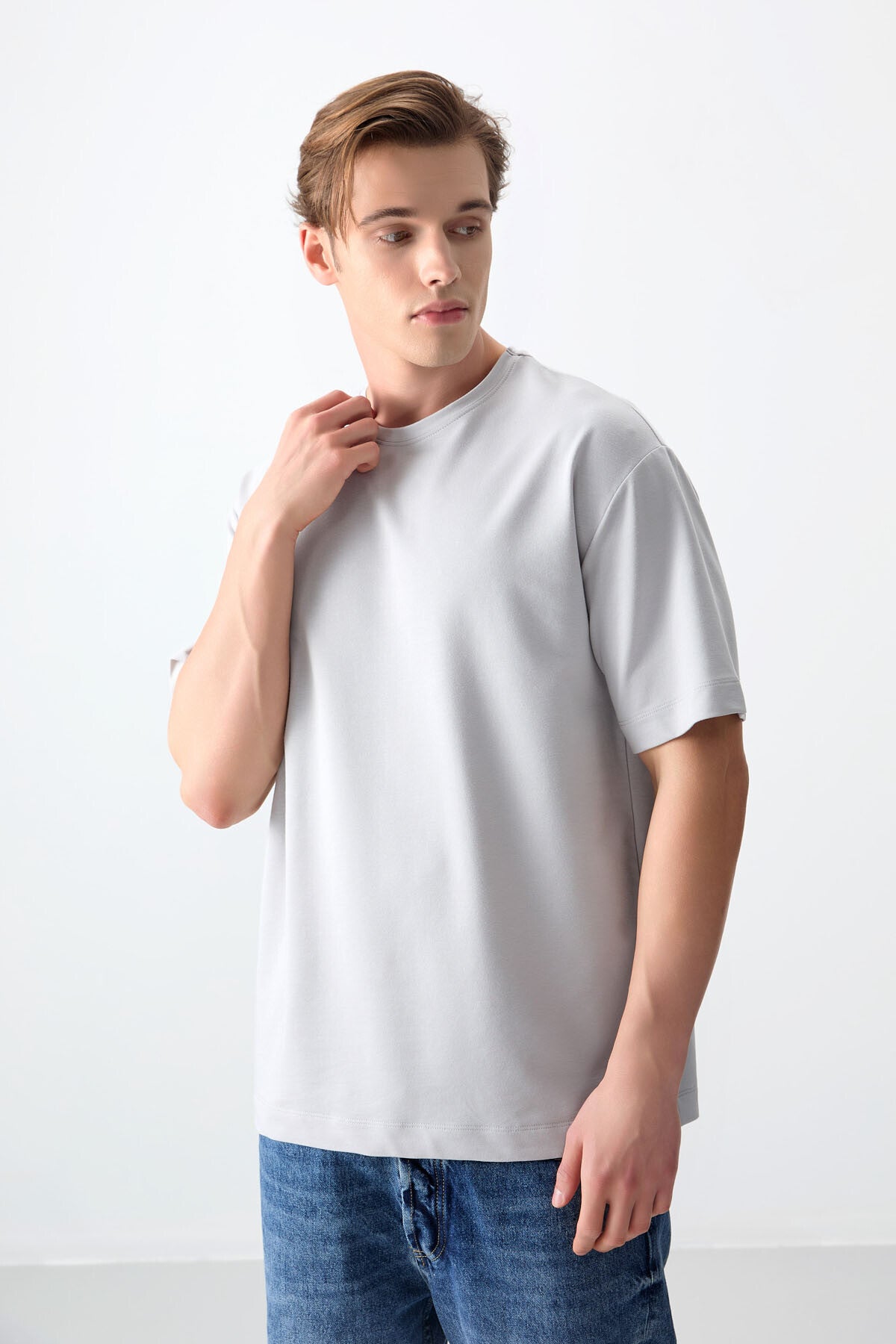 pamuklu kalin yumuşak dokulu oversize fit basic erkek t-shirt - 88377