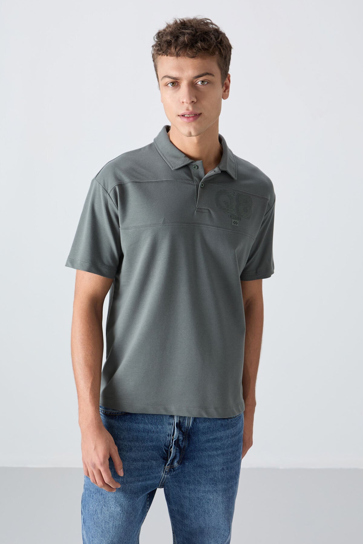 pamuklu kalin yumuşak dokulu oversize fit baskili polo yaka erkek t-shirt - 88347