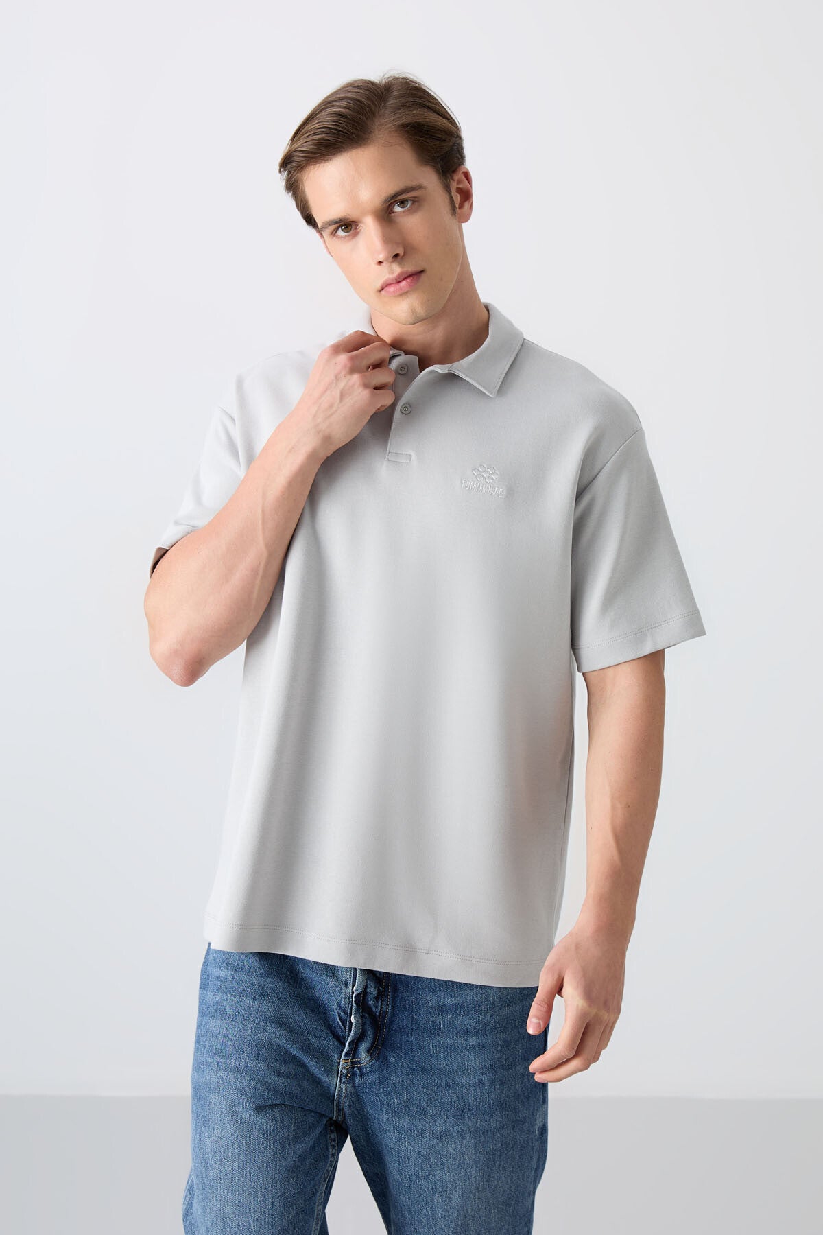 pamuklu kalin yumuşak dokulu oversize fit basic polo yaka erkek t-shirt - 88327