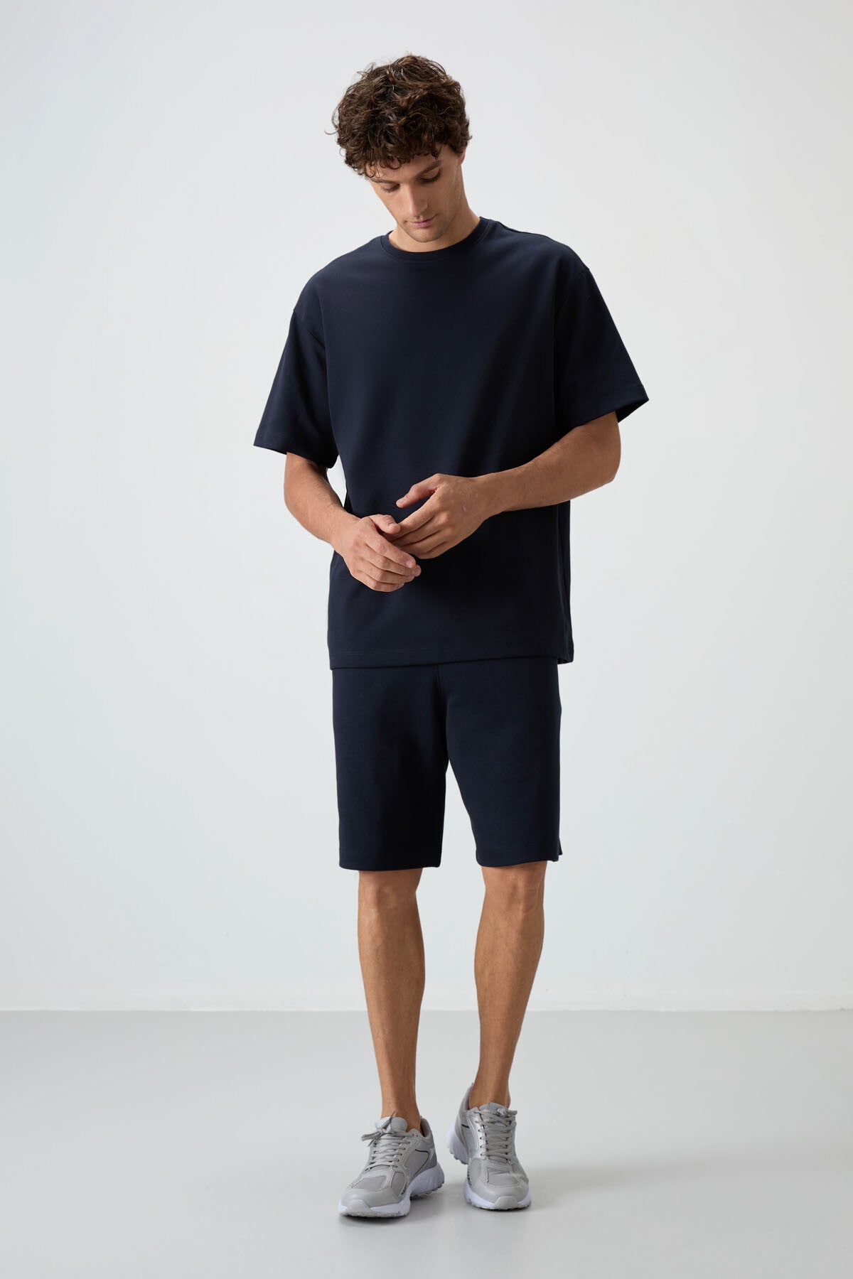 <tc>ensemble de shorts basique pour homme en coton épais et doux texturé, coupe oversize bleu marine - 85249</tc>