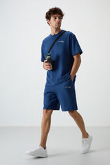 <tc>ensemble de shorts pour homme en coton épais et doux texturé, coupe oversize avec broderie bleu marine - 85250</tc>