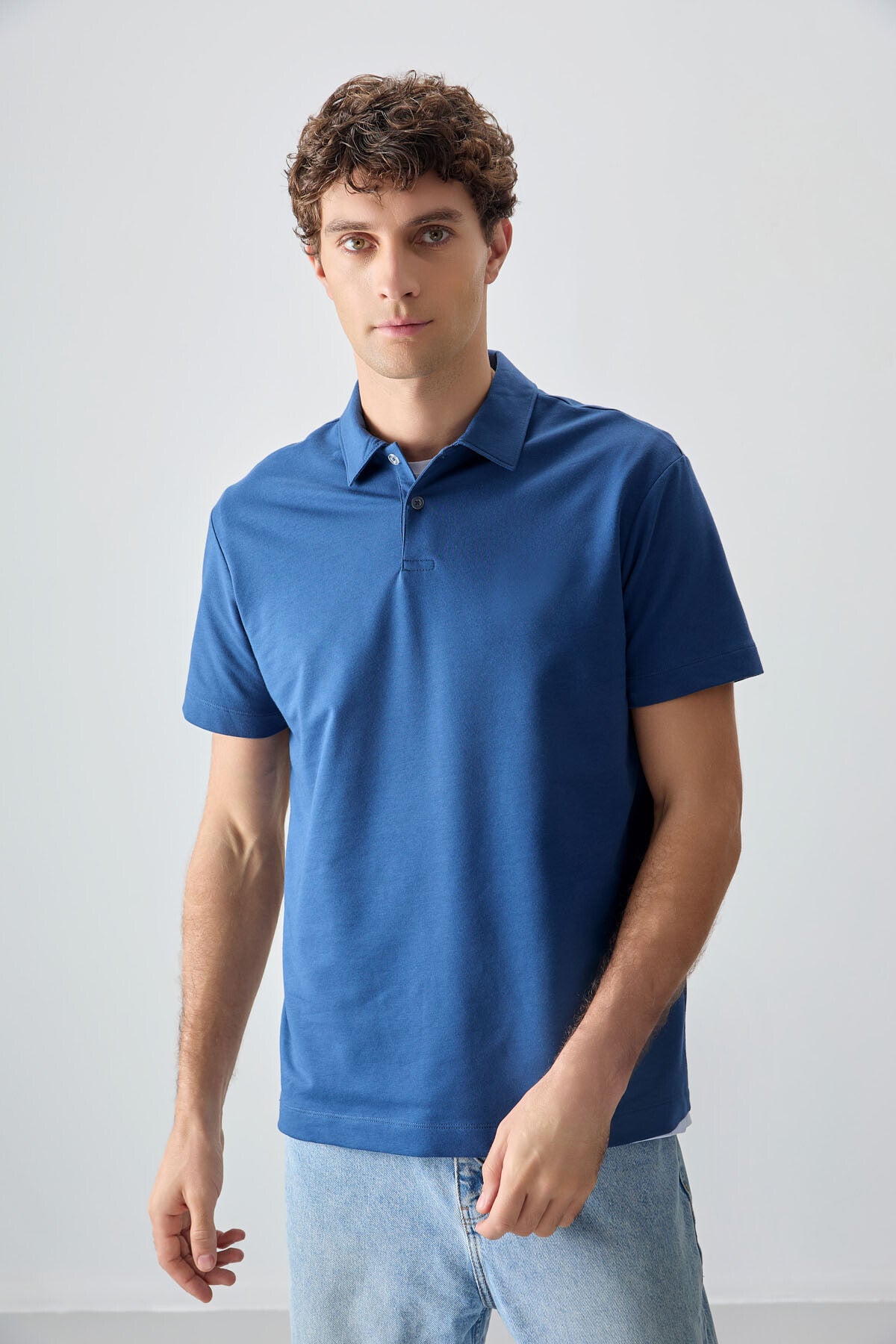 pamuklu kalin yumuşak dokulu polo yaka oversize fit basic erkek t- shirt - 88381