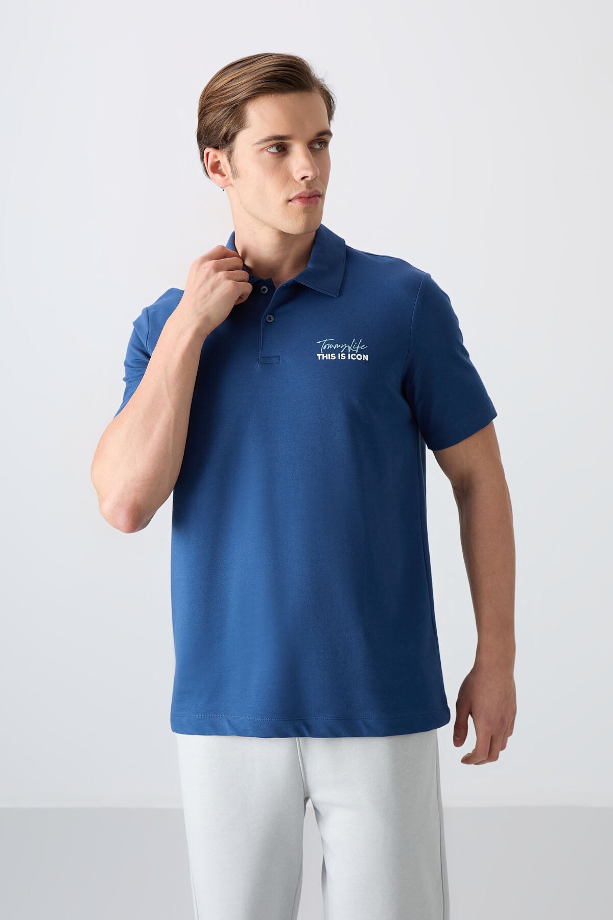 pamuklu kalin yumuşak dokulu standart fit baskili polo yaka erkek t-shirt - 88346