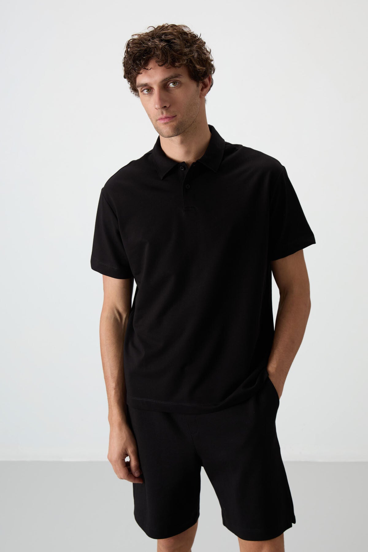 <tc>T-shirt basique pour homme à col polo, en coton, épais et à texture douce, oversize - 88381</tc>