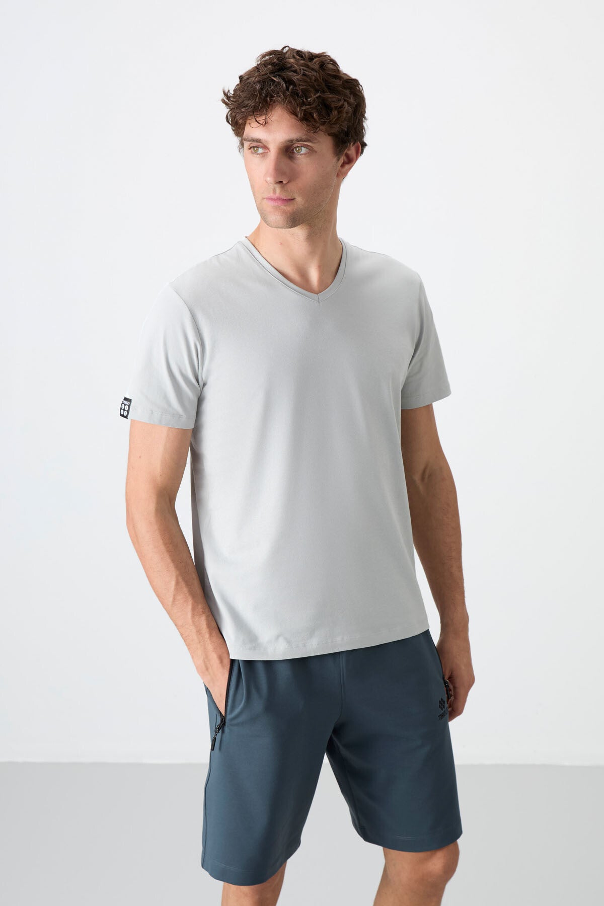 basic kisa kol standart kalip v yaka erkek t-shirt - 87912