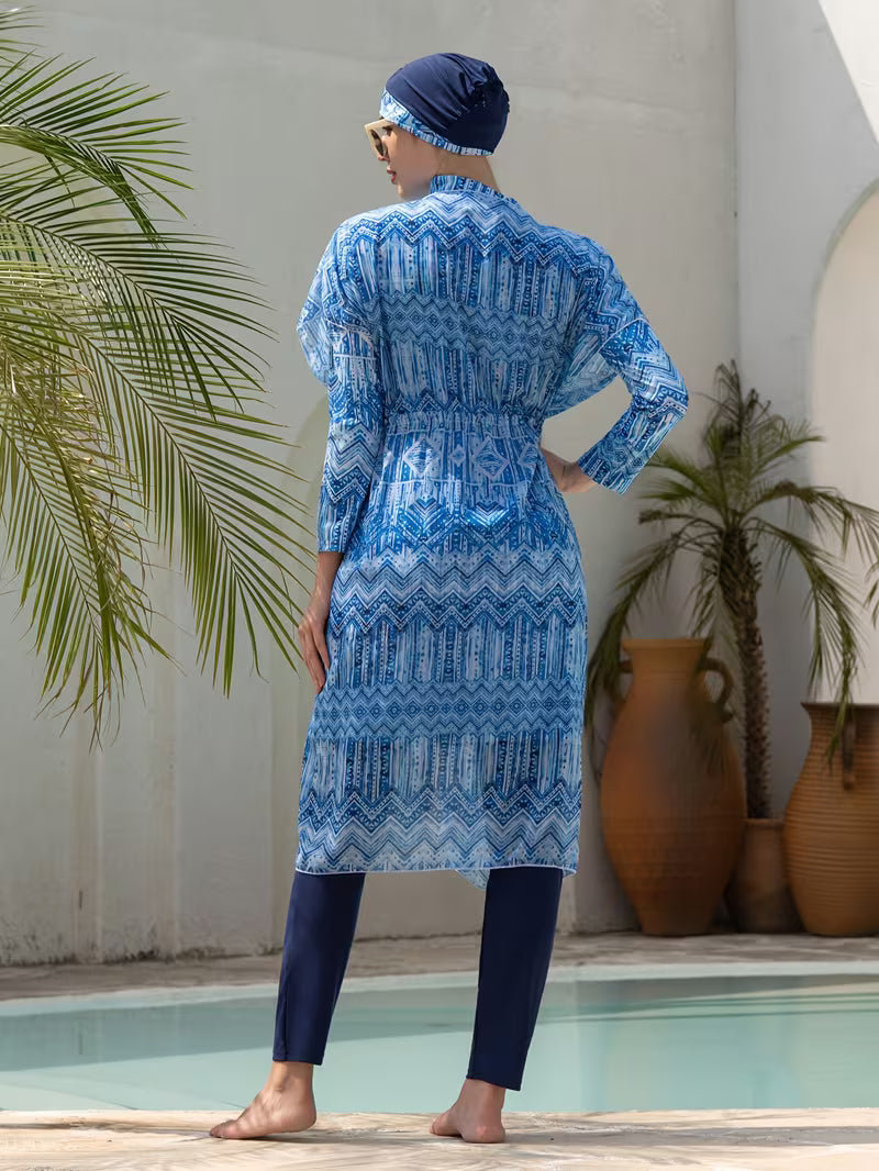 Burkini Femme Modeste 4 Pièces Imprimé – Ensemble Maillot de Bain avec Turban
