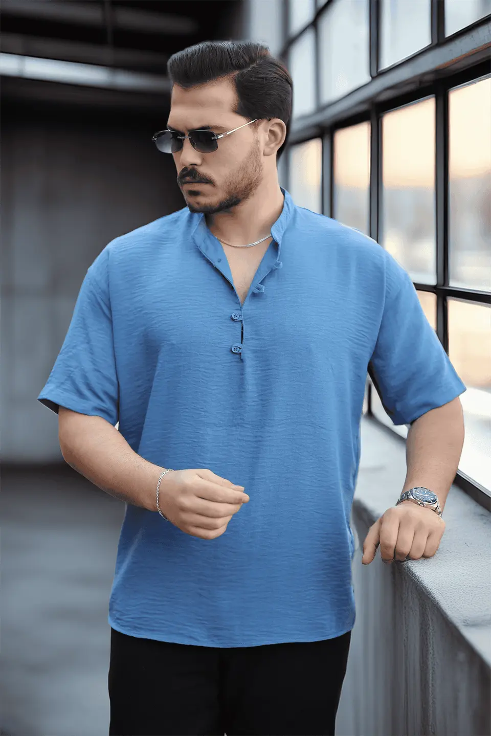 wes oversize yarim pat bambu kisa kol gömlek - Justyol