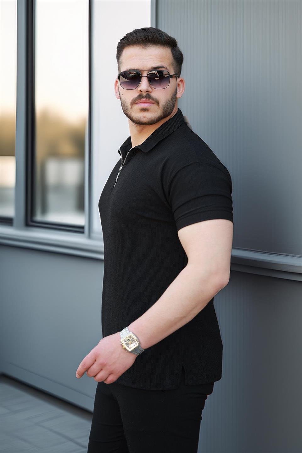 likrali örme yarim fermuar polo yaka erkek tişört - Justyol