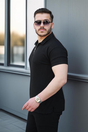 likrali örme yarim fermuar polo yaka erkek tişört - Justyol