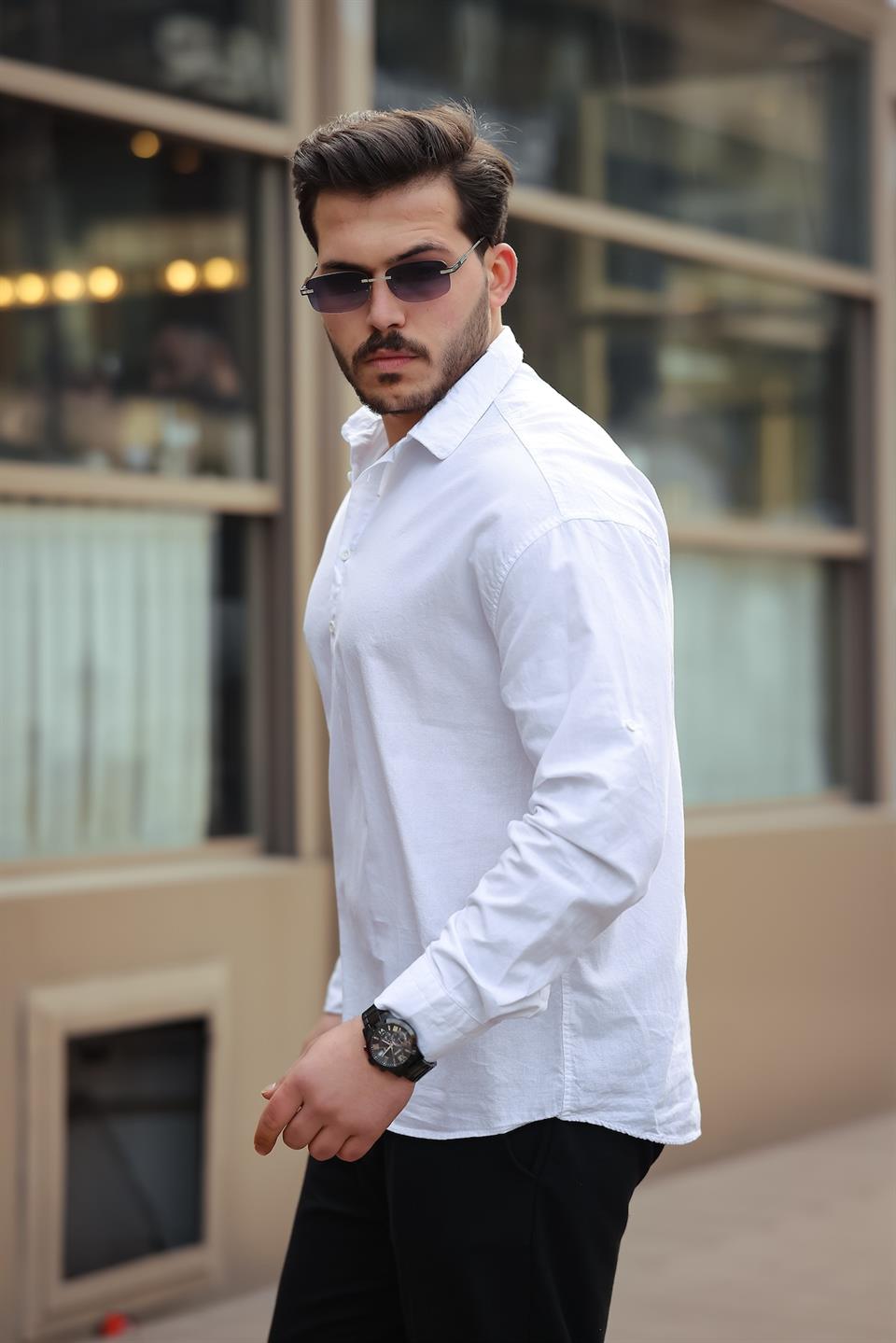 yarim pat yakali york pamuk kumaşli uzun kollu erkek gömlek - Justyol