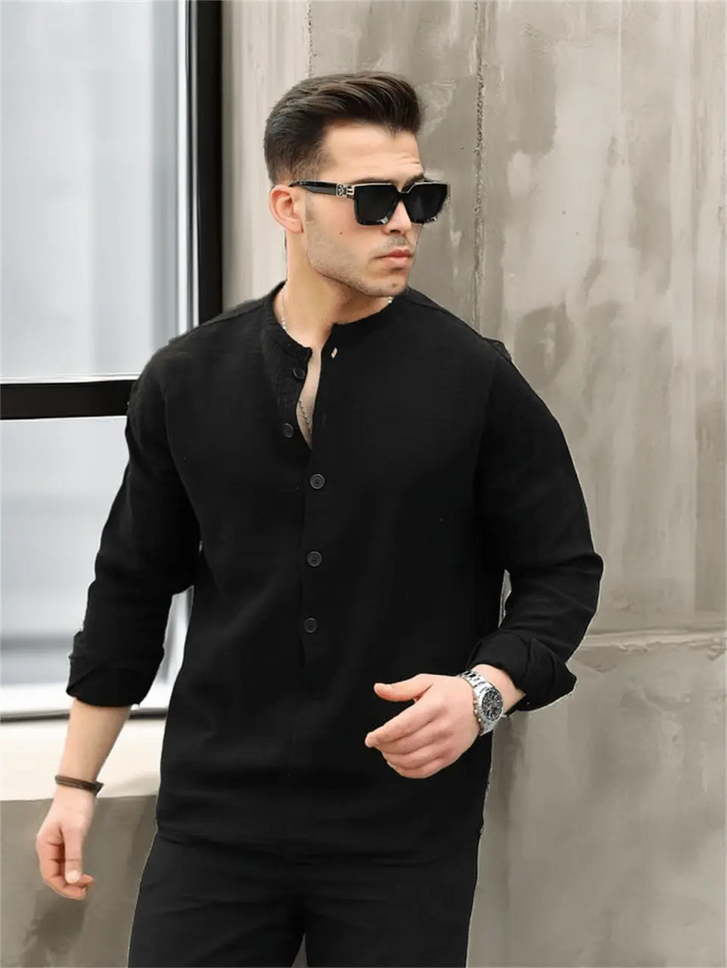 Chemise homme oversize en mousseline col mao demi-patte